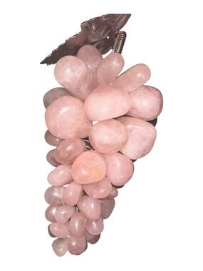Vintage MCM French Rose Quartz Grape Cluster with Pewter Leaf